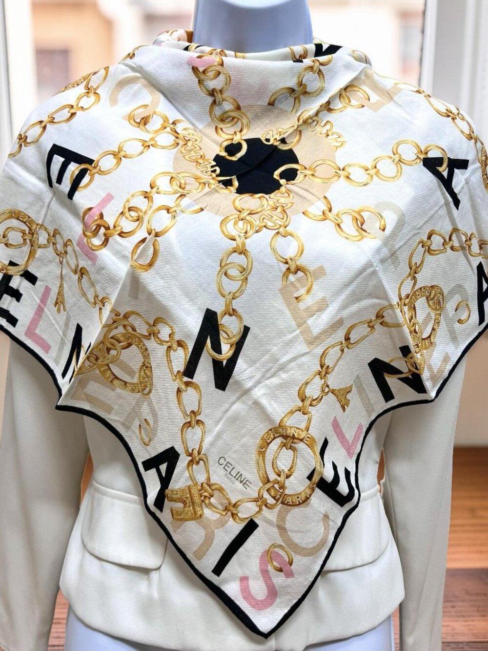 Celine Paris Mini Scarf 22.5" cotton made ivery pink black gold chain
